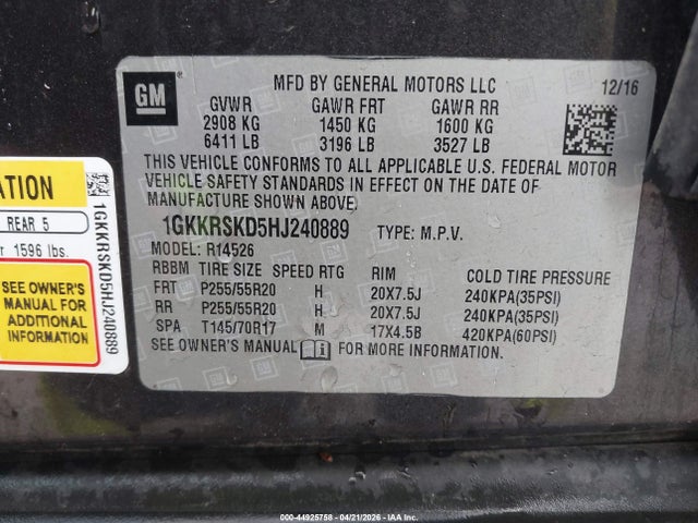 44925758 :رقم المزاد ، 1GKKRSKD5HJ240889 vin ، 2017 Gmc Acadia Limited مزاد بيع