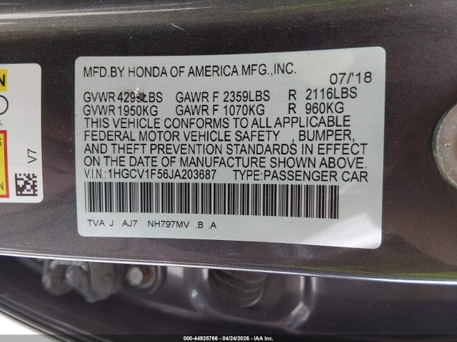 Aukcja sprzedaży 2018 Honda Accord Ex-l, vin: 1HGCV1F56JA203687, numer aukcji: 44925766