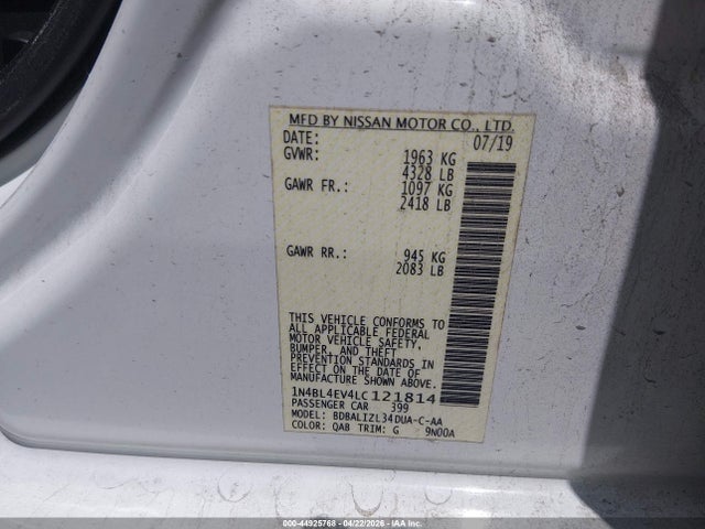 1N4BL4EV4LC121814 Nissan Altima Sl Fwd