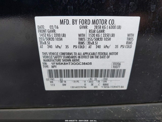 2016 Ford Explorer Platinum მანქანა იყიდება აუქციონზე, vin: 1FM5K8HT3GGC38435, აუქციონის ნომერი: 44925770