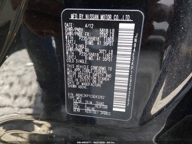 Aukcja sprzedaży 2012 Nissan Quest Sl, vin: JN8AE2KP1C9043262, numer aukcji: 44925771