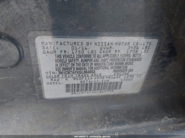 Aukcja sprzedaży 2016 Nissan Versa 1.6 Sl, vin: 3N1CN7APXGL864993, numer aukcji: 44925773