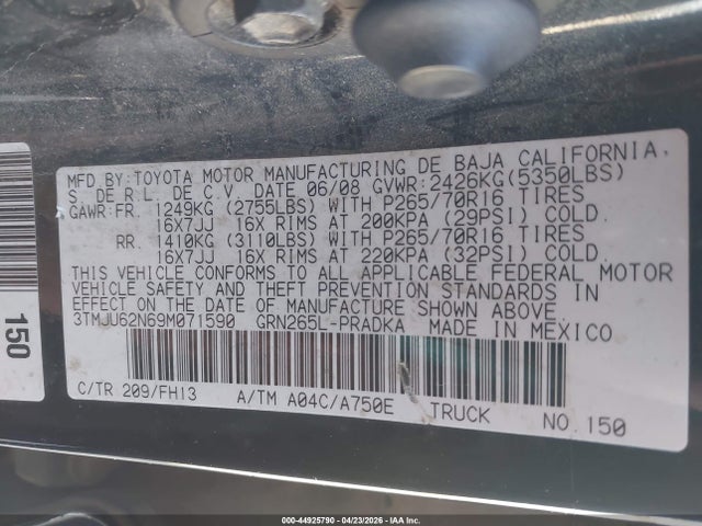 44925790 :رقم المزاد ، 3TMJU62N69M071590 vin ، 2009 Toyota Tacoma Prerunner V6 مزاد بيع