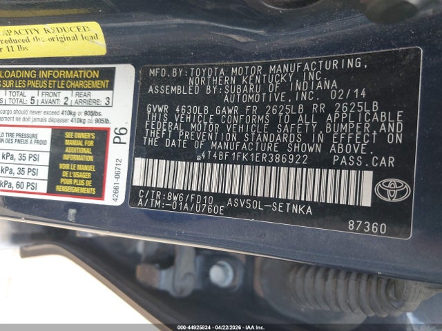 44925834 :رقم المزاد ، 4T4BF1FK1ER386922 vin ، 2014 Toyota Camry Le مزاد بيع