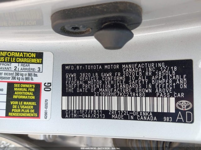 2019 Toyota Corolla Le მანქანა იყიდება აუქციონზე, vin: 2T1BURHE7KC218480, აუქციონის ნომერი: 44925838