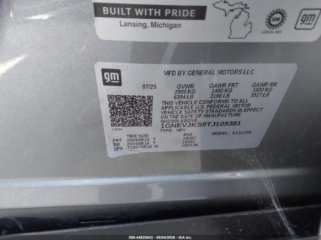 Продаж на аукціоні авто 2026 Chevrolet Traverse Awd Z71, vin: 1GNEVJKS9TJ109381, номер лоту: 44925842