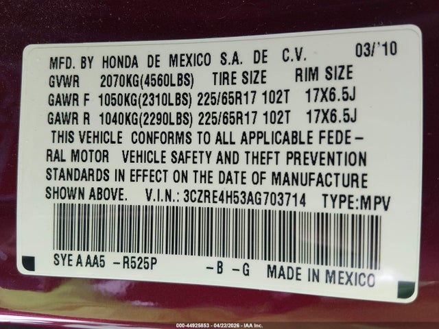 44925853 :رقم المزاد ، 3CZRE4H53AG703714 vin ، 2010 Honda Cr-v Ex مزاد بيع