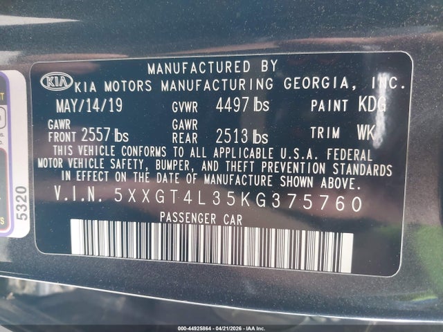 Aukcja sprzedaży 2019 Kia Optima S, vin: 5XXGT4L35KG375760, numer aukcji: 44925864