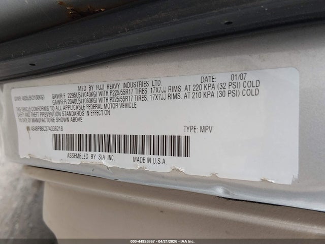 Aukcja sprzedaży 2007 Subaru Outback 3.0r L.l. Bean Edition, vin: 4S4BP86C274336218, numer aukcji: 44925867