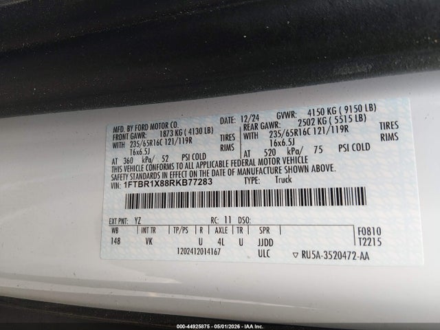 44925875 :رقم المزاد ، 1FTBR1X88RKB77283 vin ، 2024 Ford Transit-250 مزاد بيع
