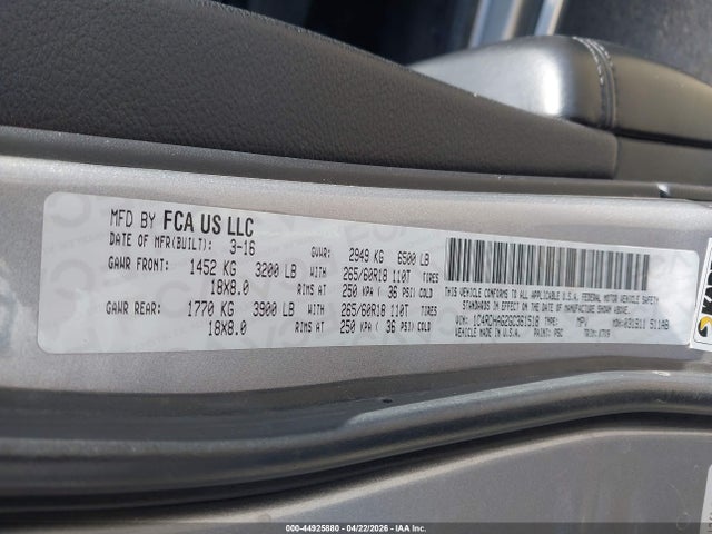 44925880 :رقم المزاد ، 1C4RDHAG2GC361518 vin ، 2016 Dodge Durango Sxt مزاد بيع