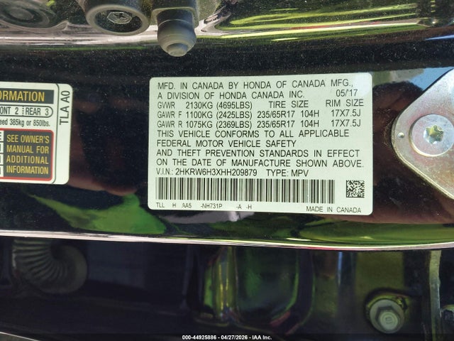 44925886 :رقم المزاد ، 2HKRW6H3XHH209879 vin ، 2017 Honda Cr-v Lx مزاد بيع
