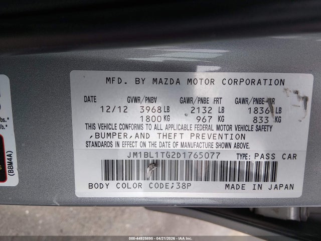 44925895 :رقم المزاد ، JM1BL1TG2D1765077 vin ، 2013 Mazda Mazda3 I Sv مزاد بيع