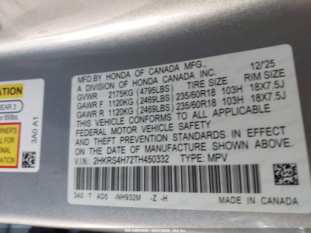 2026 Honda Cr-v Ex-l Awd მანქანა იყიდება აუქციონზე, vin: 2HKRS4H72TH450332, აუქციონის ნომერი: 44925909