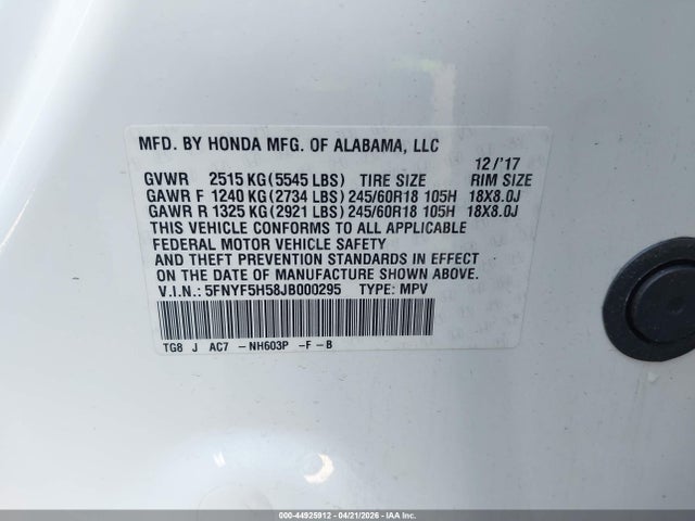 Honda Pilot Ex-l 2018 5FNYF5H58JB000295 Image 9