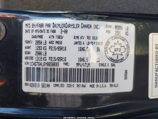 Продажа на аукционе авто 2000 Chrysler Town & Country Limited, vin: 1C4GT64L6YB658693, номер лота: 44925914