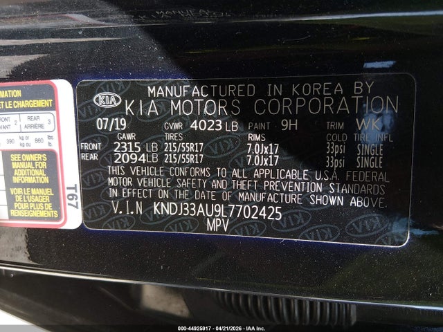 Aukcja sprzedaży 2020 Kia Soul Ex, vin: KNDJ33AU9L7702425, numer aukcji: 44925917