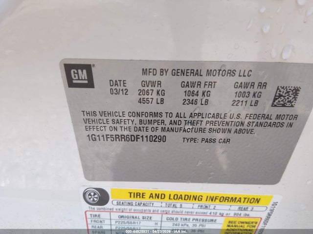 2013 Chevrolet Malibu Eco Premium Audio მანქანა იყიდება აუქციონზე, vin: 1G11F5RR6DF110290, აუქციონის ნომერი: 44925931