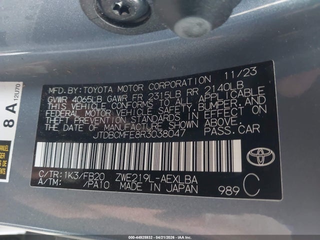 JTDBCMFE8R3038047 Toyota Corolla Hybrid Le
