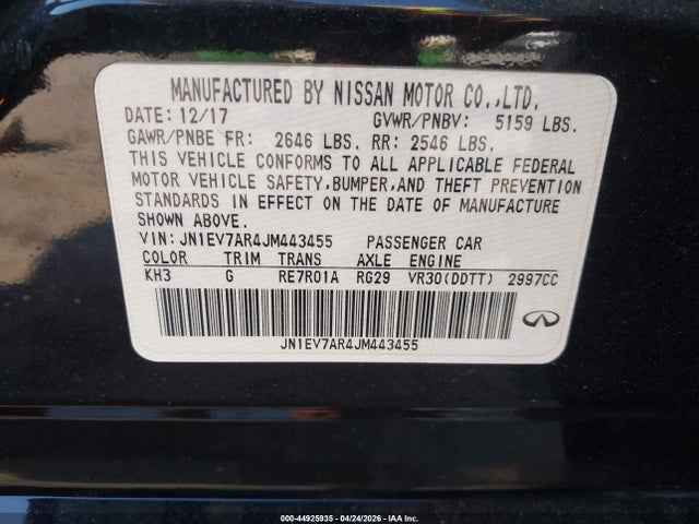 44925935 :رقم المزاد ، JN1EV7AR4JM443455 vin ، 2018 Infiniti Q50 3.0t Luxe مزاد بيع
