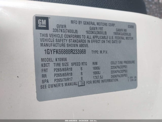 Aukcja sprzedaży 2008 Cadillac Escalade Esv Standard, vin: 1GYFK66888R233968, numer aukcji: 44925938