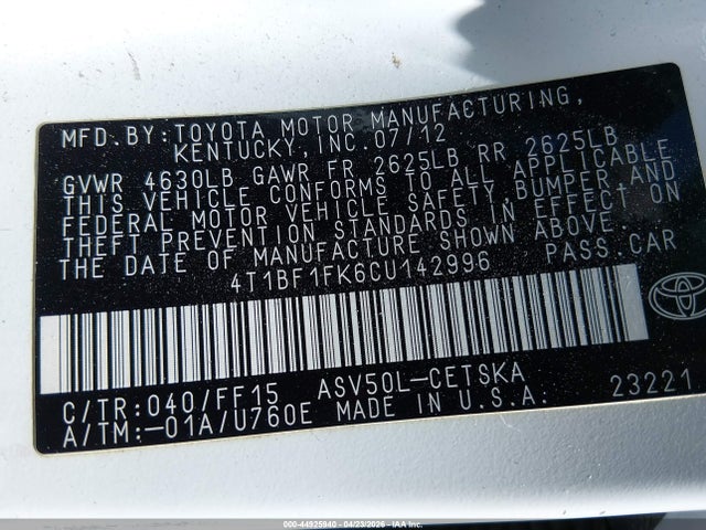 44925940 :رقم المزاد ، 4T1BF1FK6CU142996 vin ، 2012 Toyota Camry Se مزاد بيع