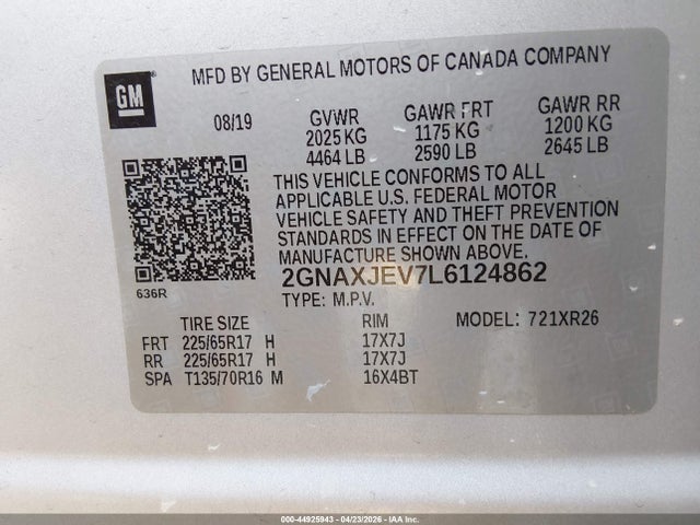 Aukcja sprzedaży 2020 Chevrolet Equinox Fwd 2fl, vin: 2GNAXJEV7L6124862, numer aukcji: 44925943