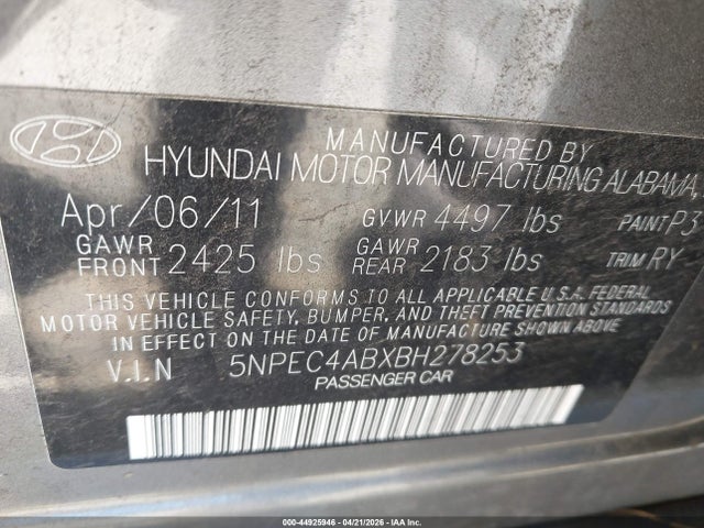 Aukcja sprzedaży 2011 Hyundai Sonata Limited 2.0t, vin: 5NPEC4ABXBH278253, numer aukcji: 44925946