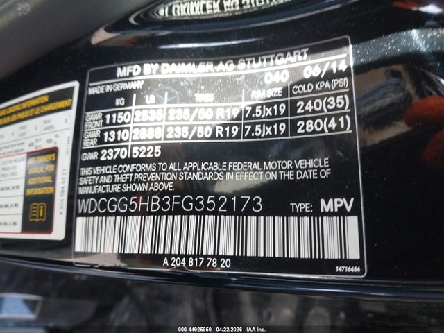 2015 Mercedes-benz Glk 350 მანქანა იყიდება აუქციონზე, vin: WDCGG5HB3FG352173, აუქციონის ნომერი: 44925950