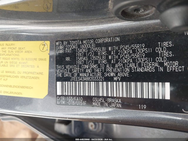 Aukcja sprzedaży 2008 Toyota Highlander Sport, vin: JTEES43A882033321, numer aukcji: 44925966