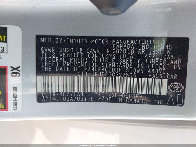Aukcja sprzedaży 2016 Toyota Corolla L, vin: 2T1BURHE8GC522506, numer aukcji: 44925969