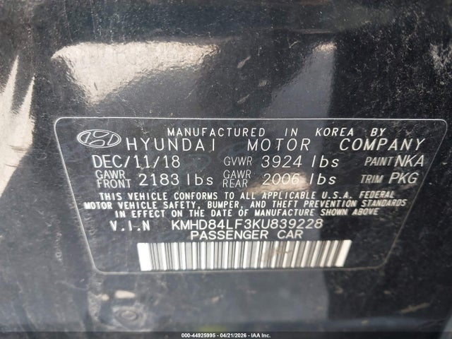 44925995 :رقم المزاد ، KMHD84LF3KU839228 vin ، 2019 Hyundai Elantra Sel مزاد بيع