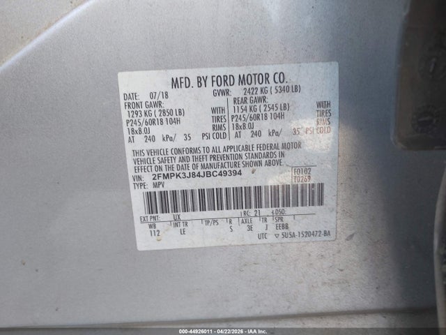 Продажа на аукционе авто 2018 Ford Edge Sel, vin: 2FMPK3J84JBC49394, номер лота: 44926011