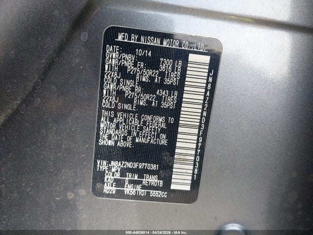 2015 Infiniti Qx80 მანქანა იყიდება აუქციონზე, vin: JN8AZ2ND3F9770381, აუქციონის ნომერი: 44926014
