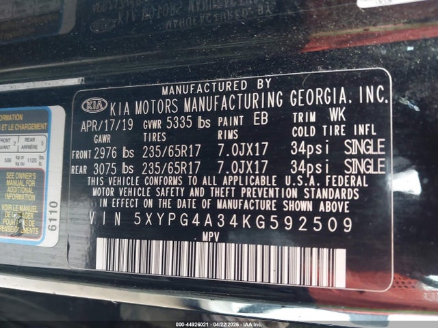 Aukcja sprzedaży 2019 Kia Sorento 2.4l L, vin: 5XYPG4A34KG592509, numer aukcji: 44926021