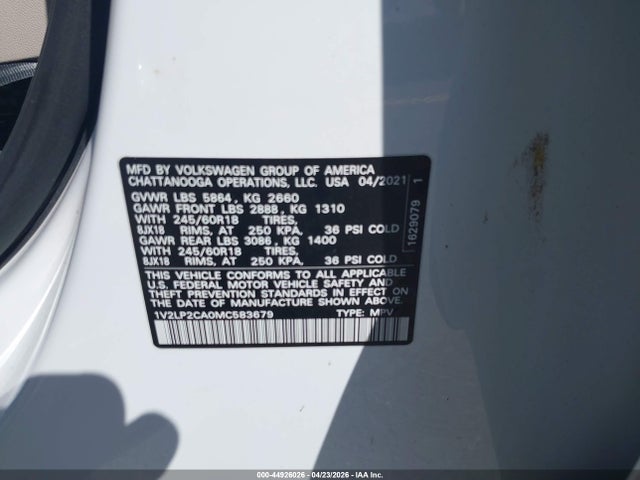 44926026 :رقم المزاد ، 1V2LP2CA0MC583679 vin ، 2021 Volkswagen Atlas 2.0t Se مزاد بيع
