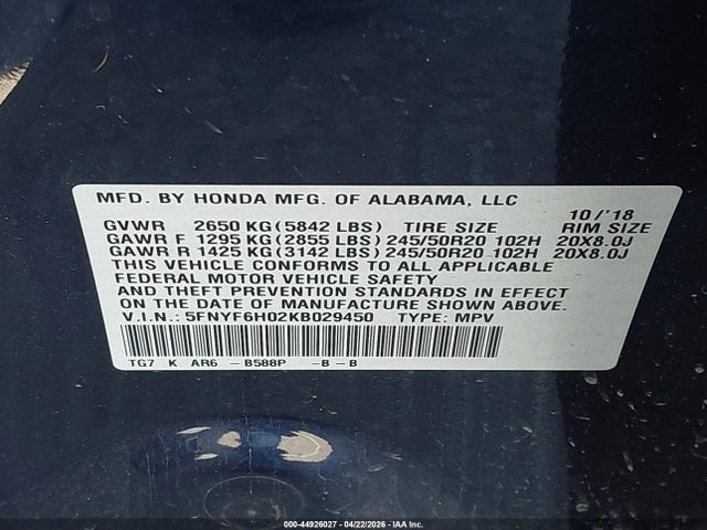 Auction sale of the 2019 Honda Pilot Elite, vin: 5FNYF6H02KB029450, lot number: 44926027
