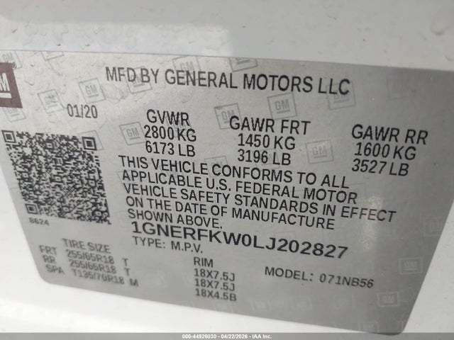 1GNERFKW0LJ202827 Chevrolet Traverse Fwd Ls