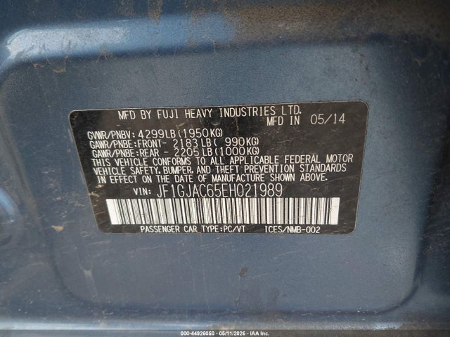 44926050 :رقم المزاد ، JF1GJAC65EH021989 vin ، 2014 Subaru Impreza 2.0i Premium مزاد بيع