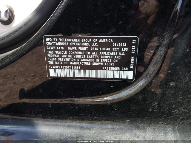 Продажа на аукционе авто 2013 Volkswagen Passat 2.5l Se, vin: 1VWBP7A32DC151686, номер лота: 44926074