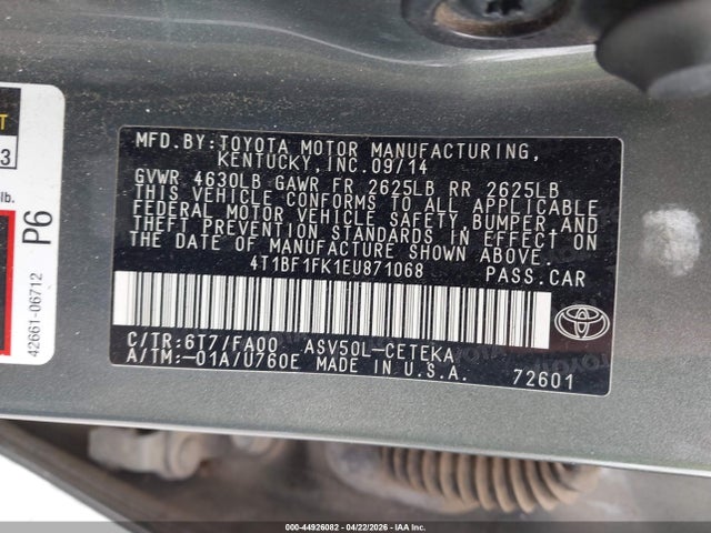 2014 Toyota Camry L მანქანა იყიდება აუქციონზე, vin: 4T1BF1FK1EU871068, აუქციონის ნომერი: 44926082