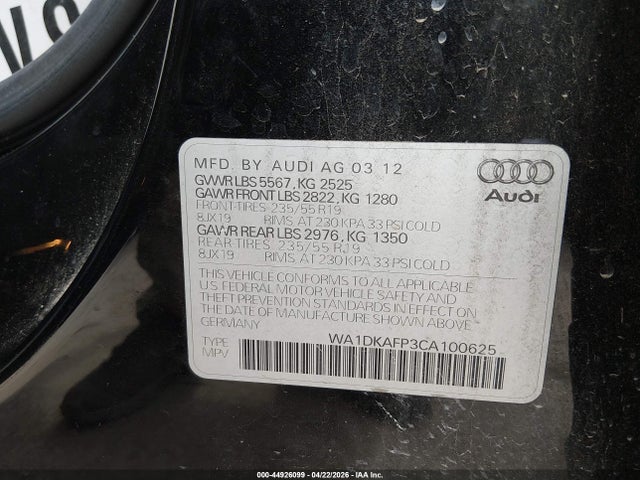 Aukcja sprzedaży 2012 Audi Q5 3.2 Premium Plus, vin: WA1DKAFP3CA100625, numer aukcji: 44926099