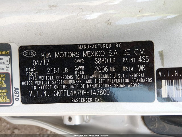 Продаж на аукціоні авто 2017 Kia Forte Lx, vin: 3KPFL4A79HE147800, номер лоту: 44926105