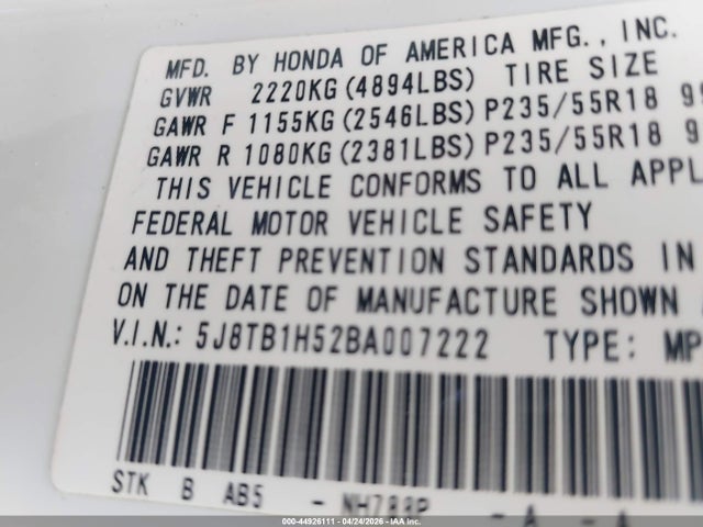 44926111 :رقم المزاد ، 5J8TB1H52BA007222 vin ، 2011 Acura Rdx مزاد بيع