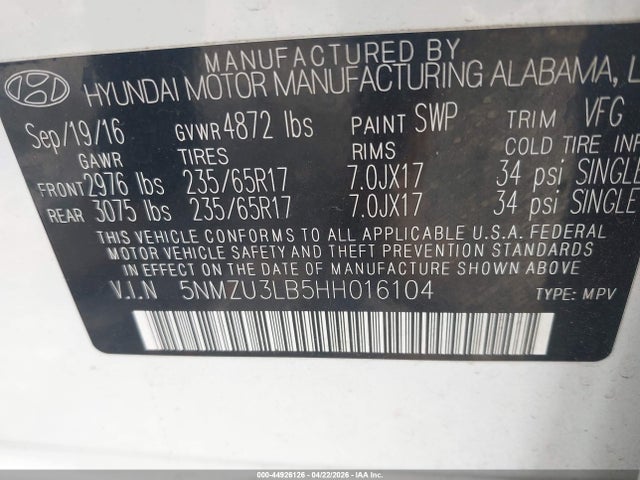 Продажа на аукционе авто 2017 Hyundai Santa Fe Sport 2.4l, vin: 5NMZU3LB5HH016104, номер лота: 44926126