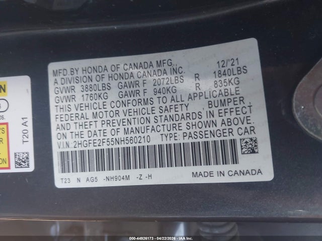 Продаж на аукціоні авто 2022 Honda Civic Sport, vin: 2HGFE2F55NH560210, номер лоту: 44926173