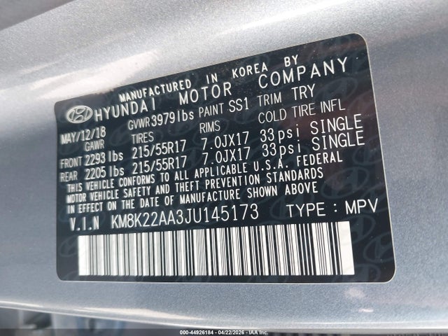 KM8K22AA3JU145173 Hyundai Kona Sel