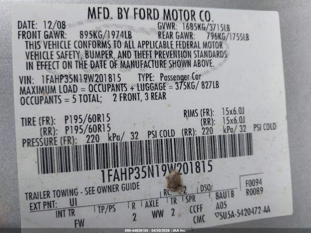 Auction sale of the 2009 Ford Focus Se, vin: 1FAHP35N19W201815, lot number: 44926185