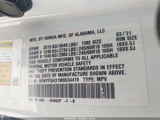 Продажа на аукционе авто 2021 Honda Pilot 2wd Ex, vin: 5FNYF5H31MB034419, номер лота: 44926190