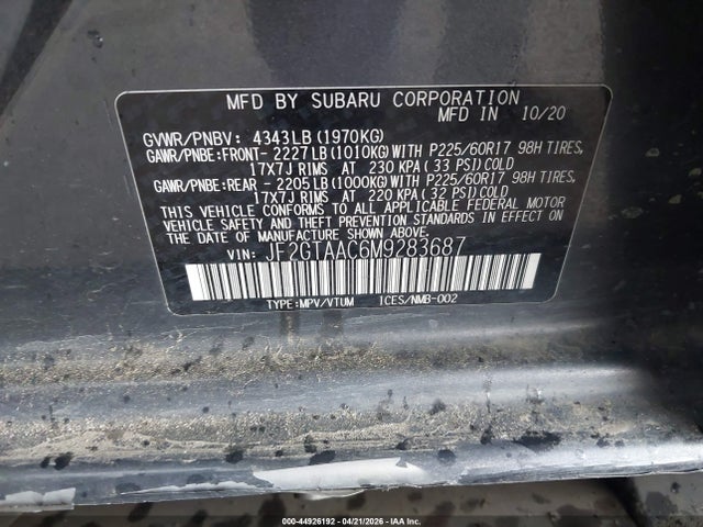2021 Subaru Crosstrek მანქანა იყიდება აუქციონზე, vin: JF2GTAAC6M9283687, აუქციონის ნომერი: 44926192